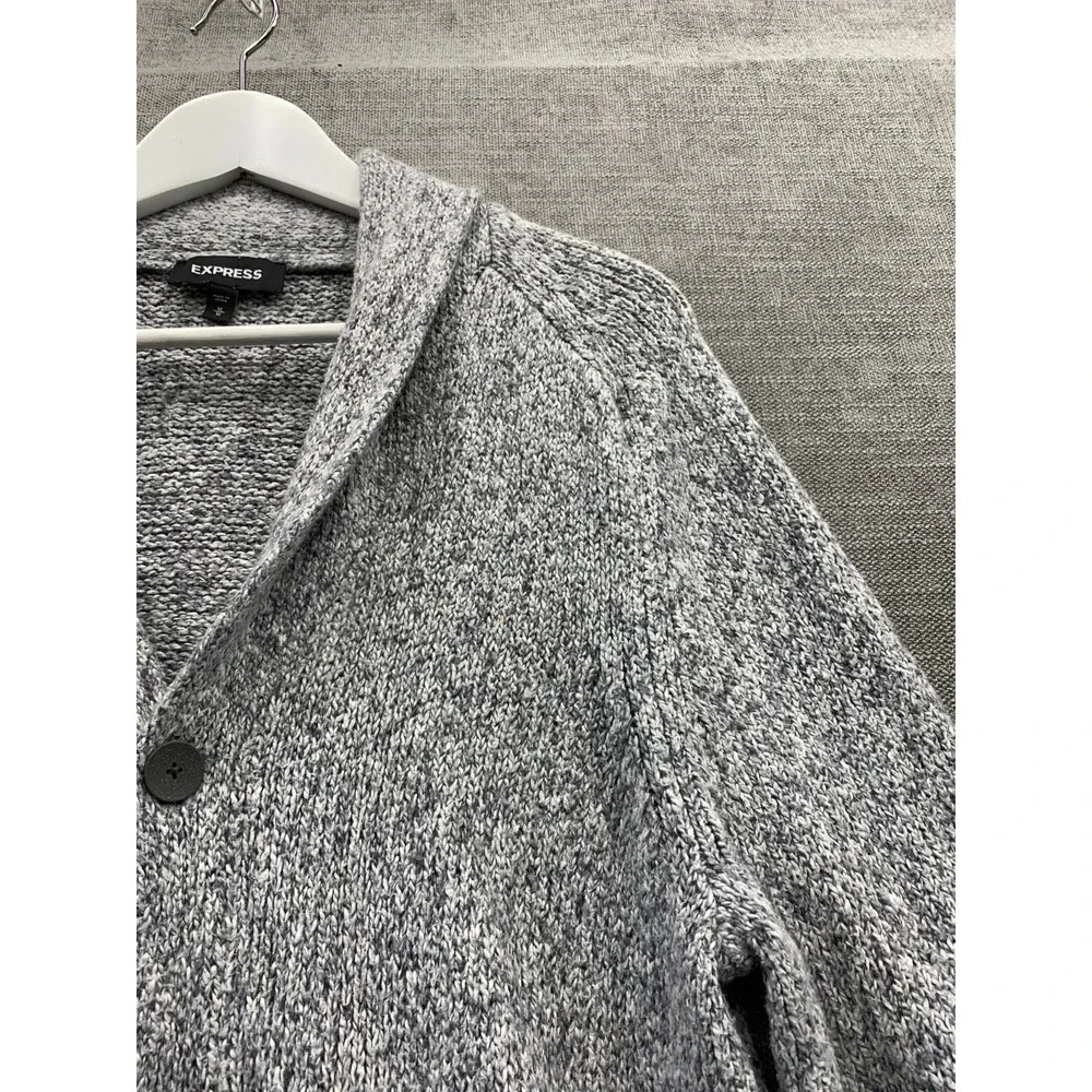 Express Cardigan Sweater Mens Medium Heather Gray Tight Knit Shawl Collar Winter